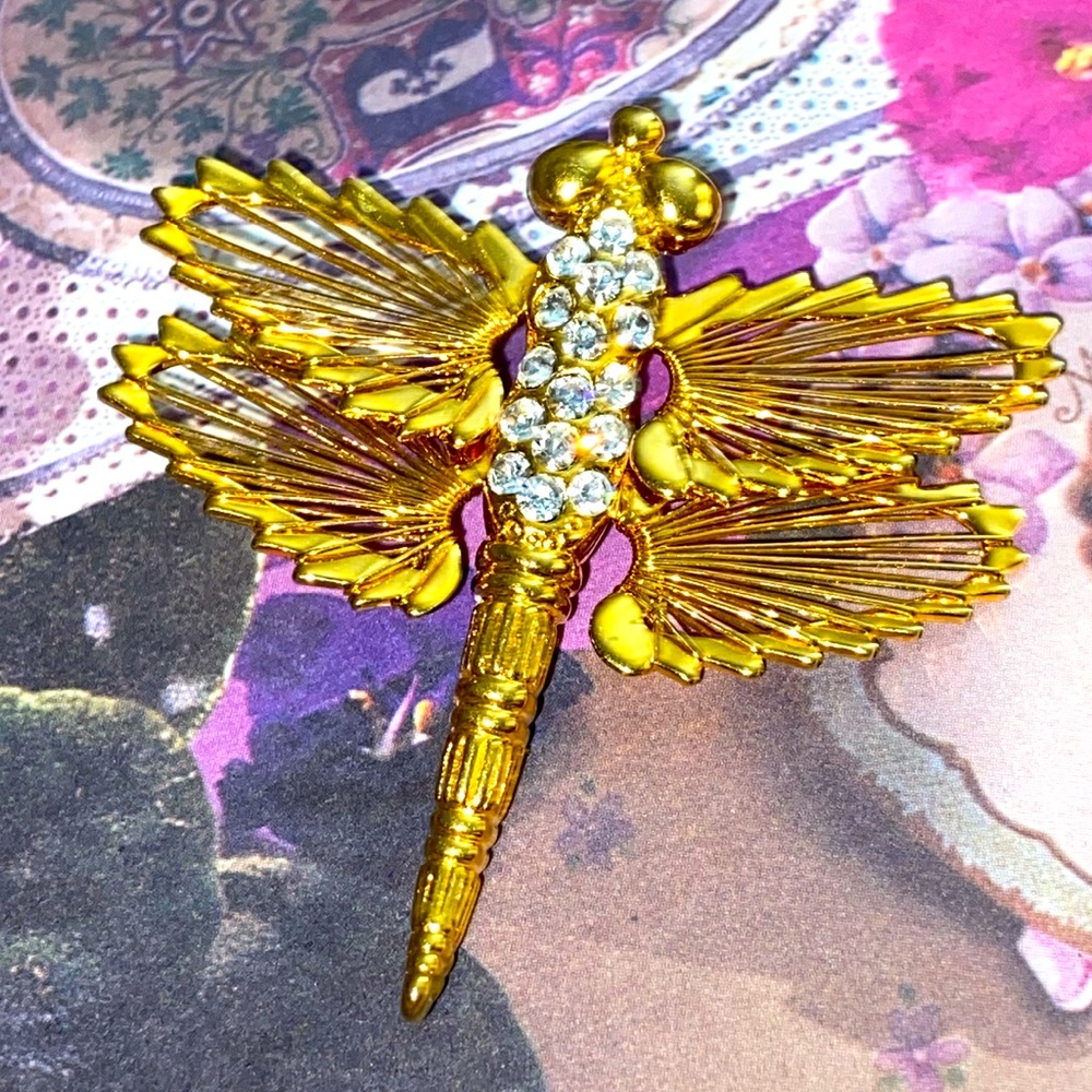 Vintage 70s Signed Monet Rhinestoned & Wire Wrapped Dragonfly Broach